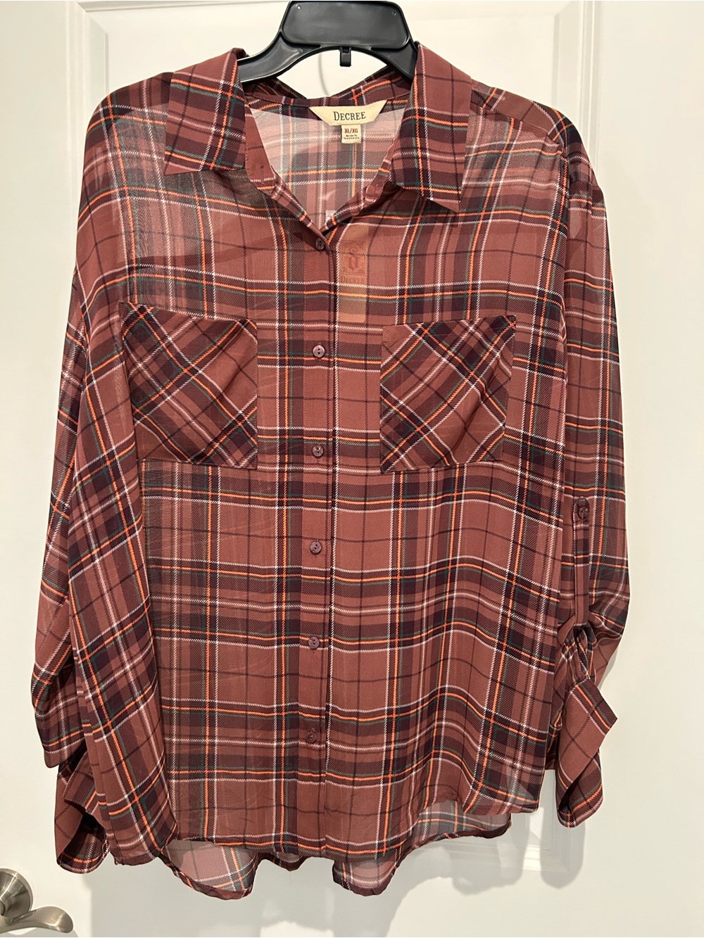 Decree Women's Rose Taupe Plaid long sleeve sheer Button-Front Shirt